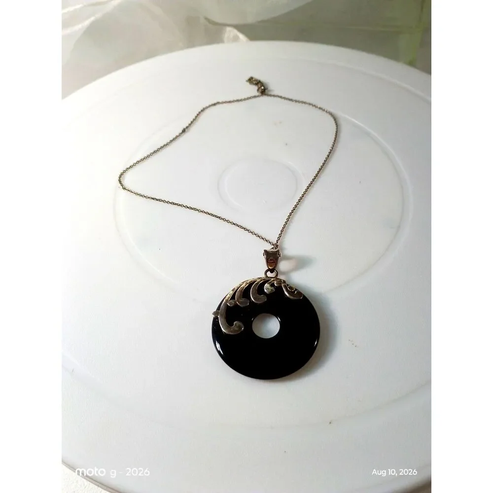 Black Donut Pendant Necklace in Wire-Wrapped Silver & Gold Motif